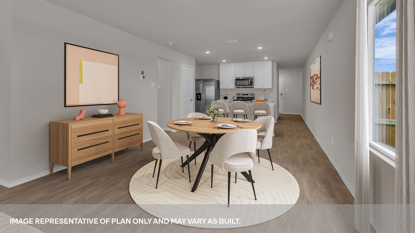 Virtually staged dining room with tables and chairs.