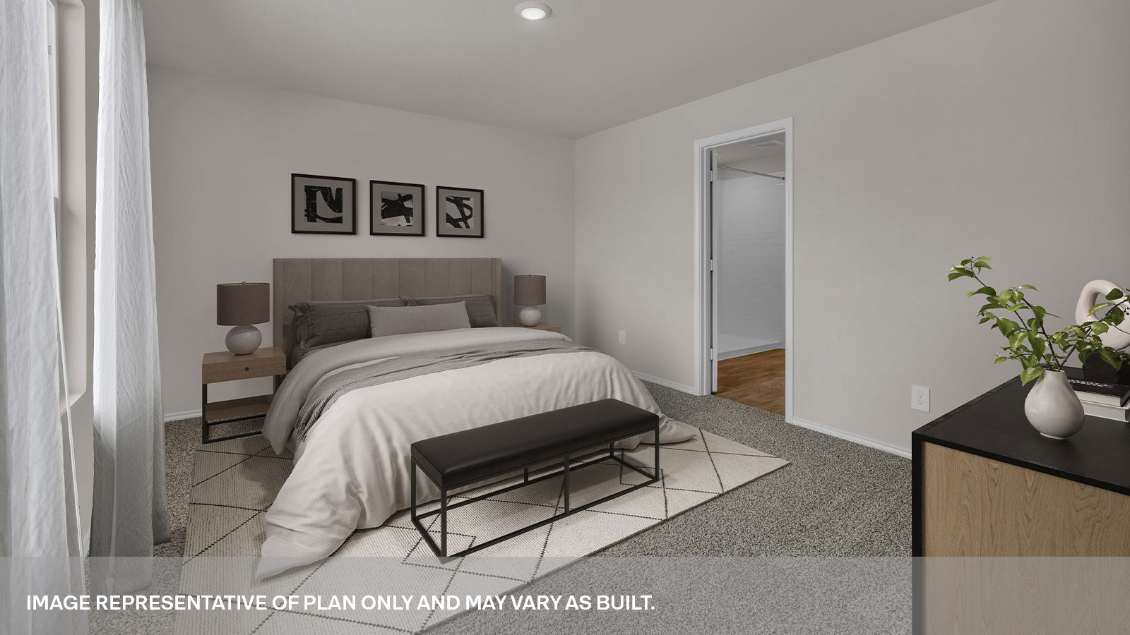 Virtually staged main bedroom with bed frame, nightstands, and dresser.