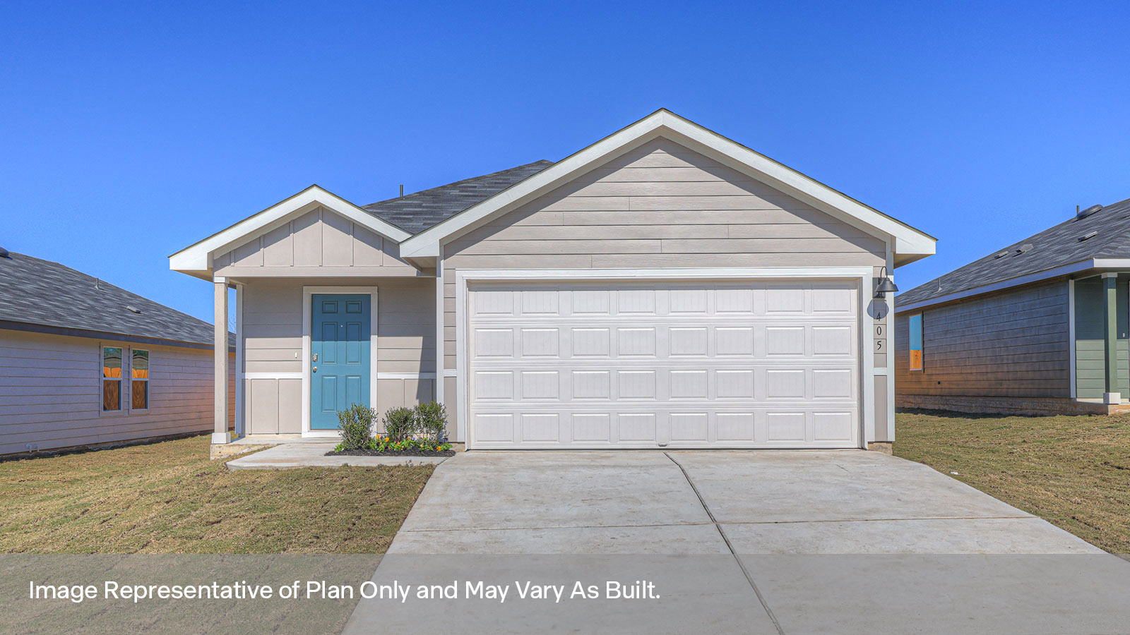 Single-story farmhouse with 2 car garage.