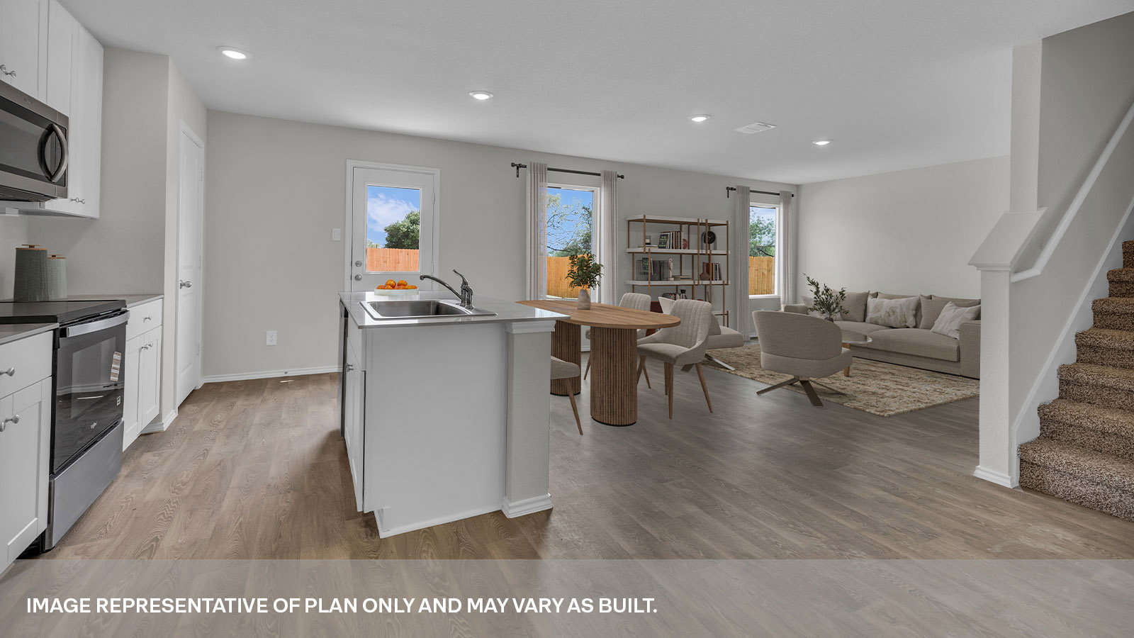 Virtually staged dining room with table and chairs overlooking the dining room.