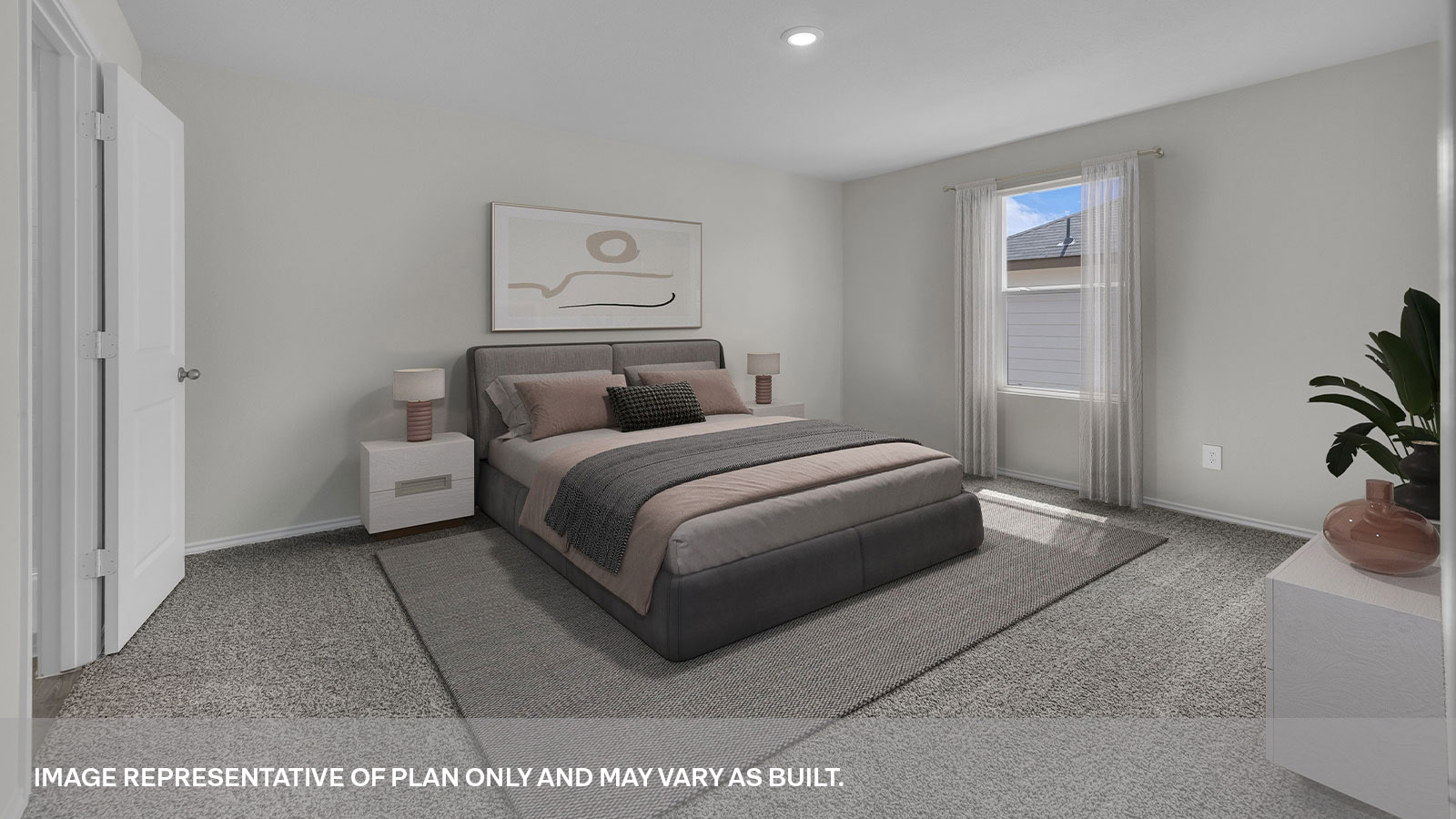 Virtually staged main bedroom with bed frame, night stands, and a dresser.
