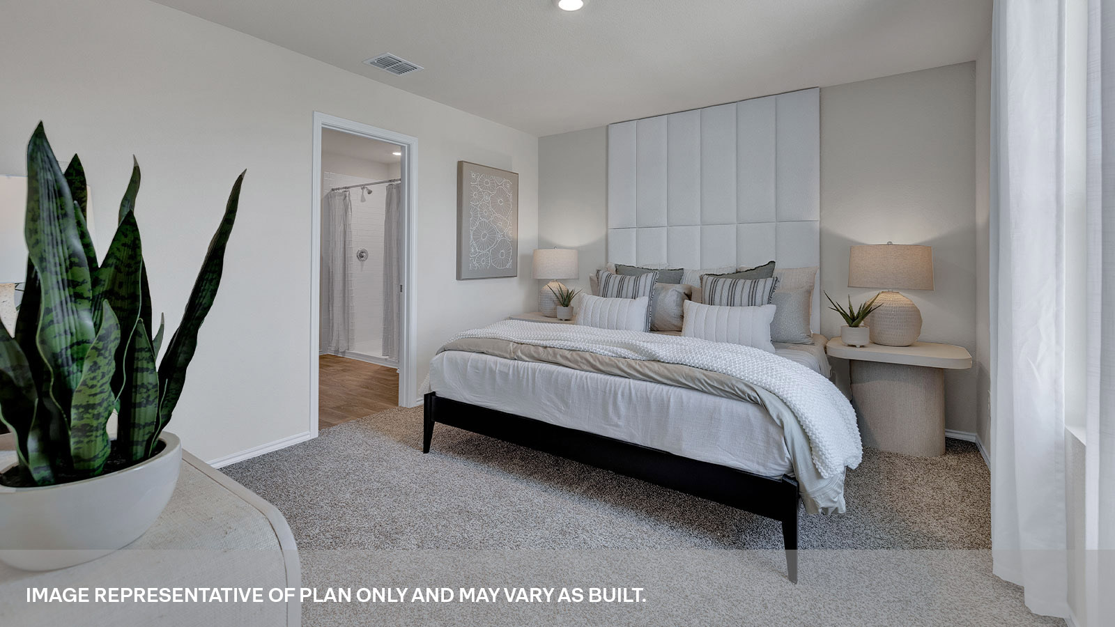 Main bedroom with carpeting and one window.