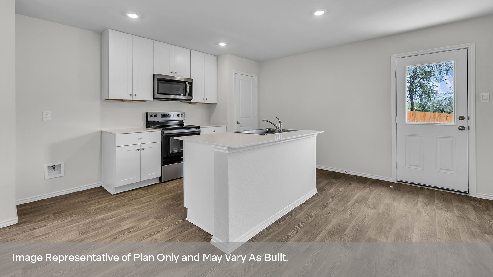 Kitchen with kitchen island and quartz countertops.