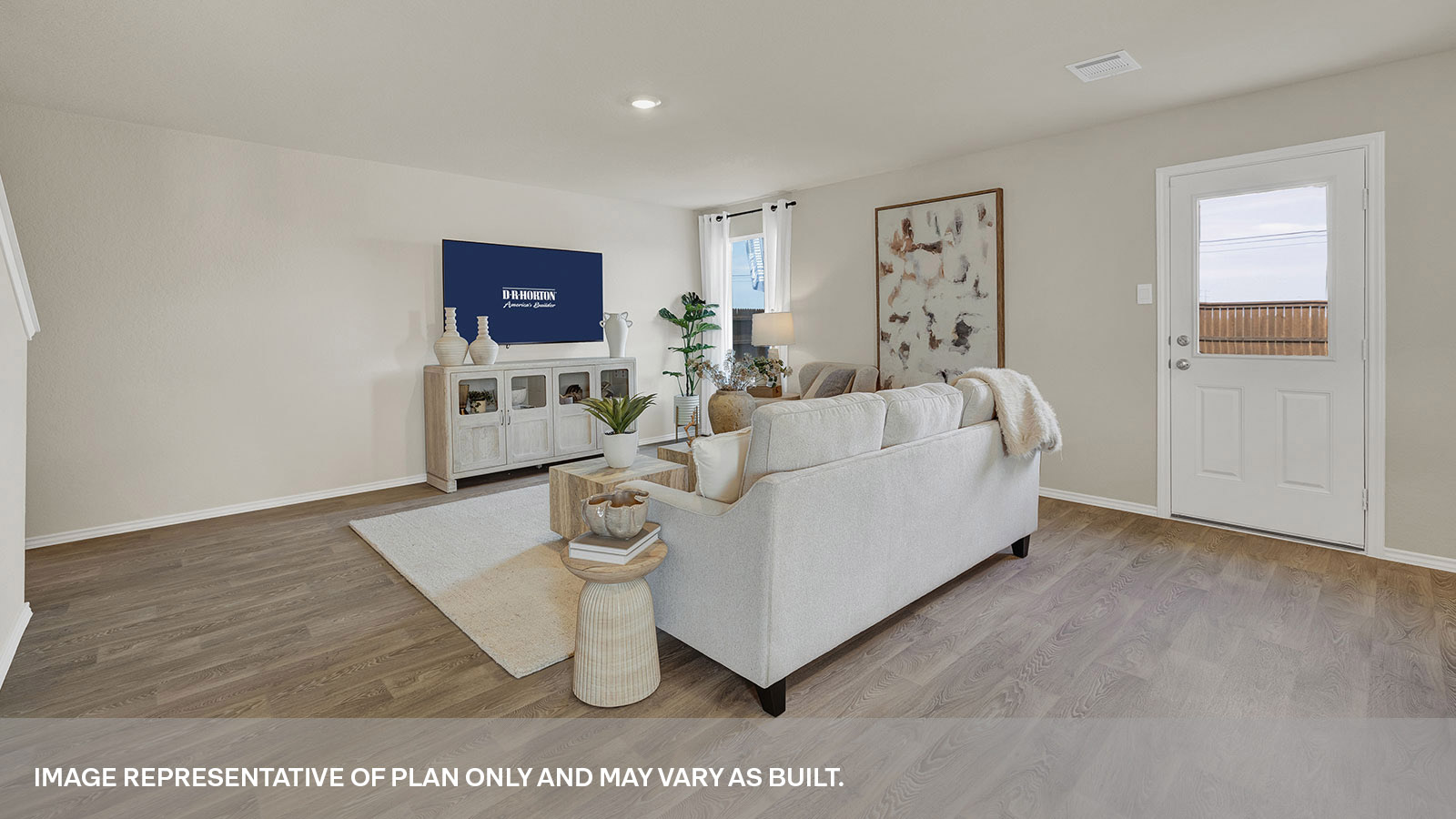 Living room with vinyl flooring with one window and a half lite exterior door.