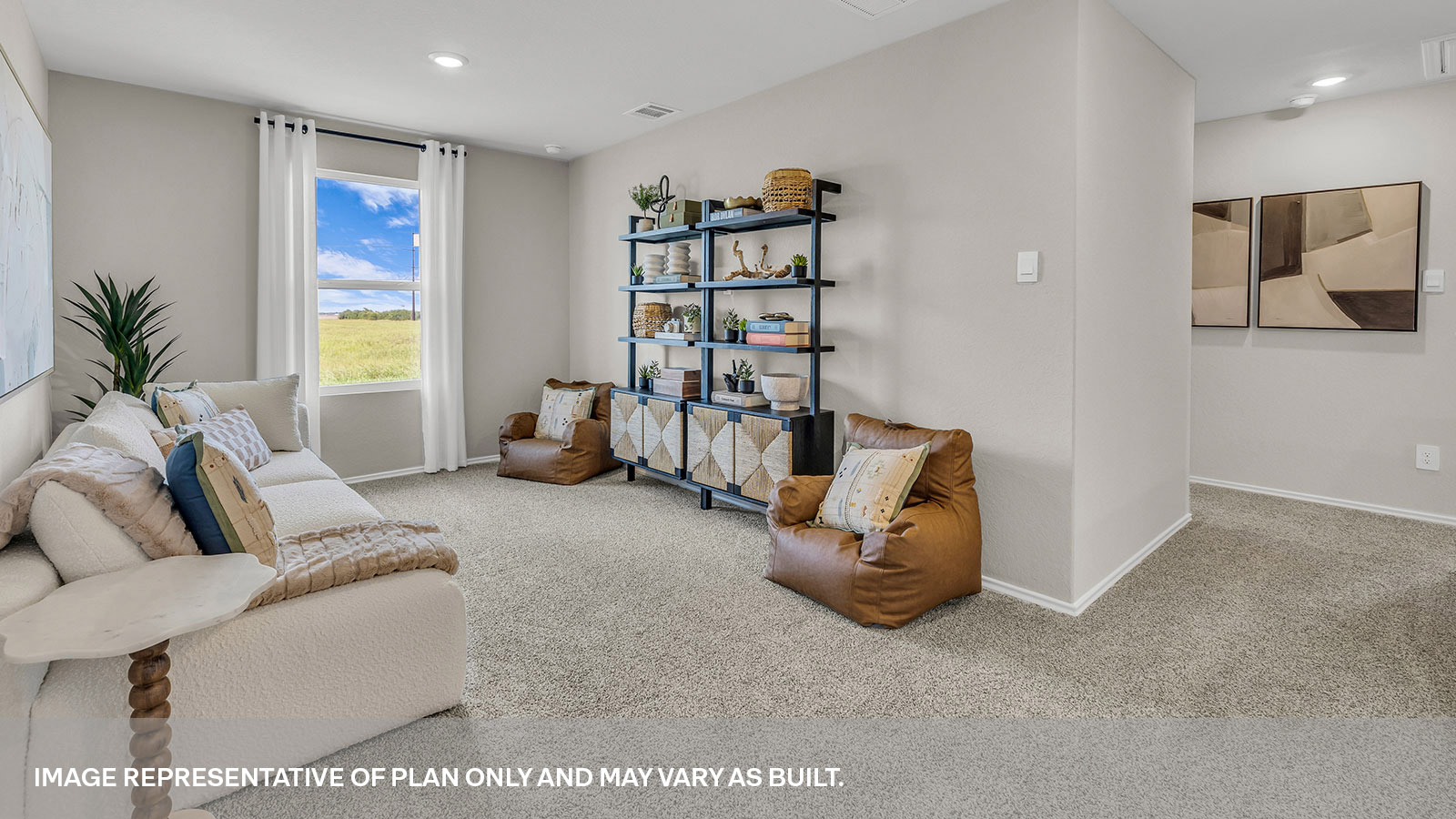Gameroom with carpeting and one window.