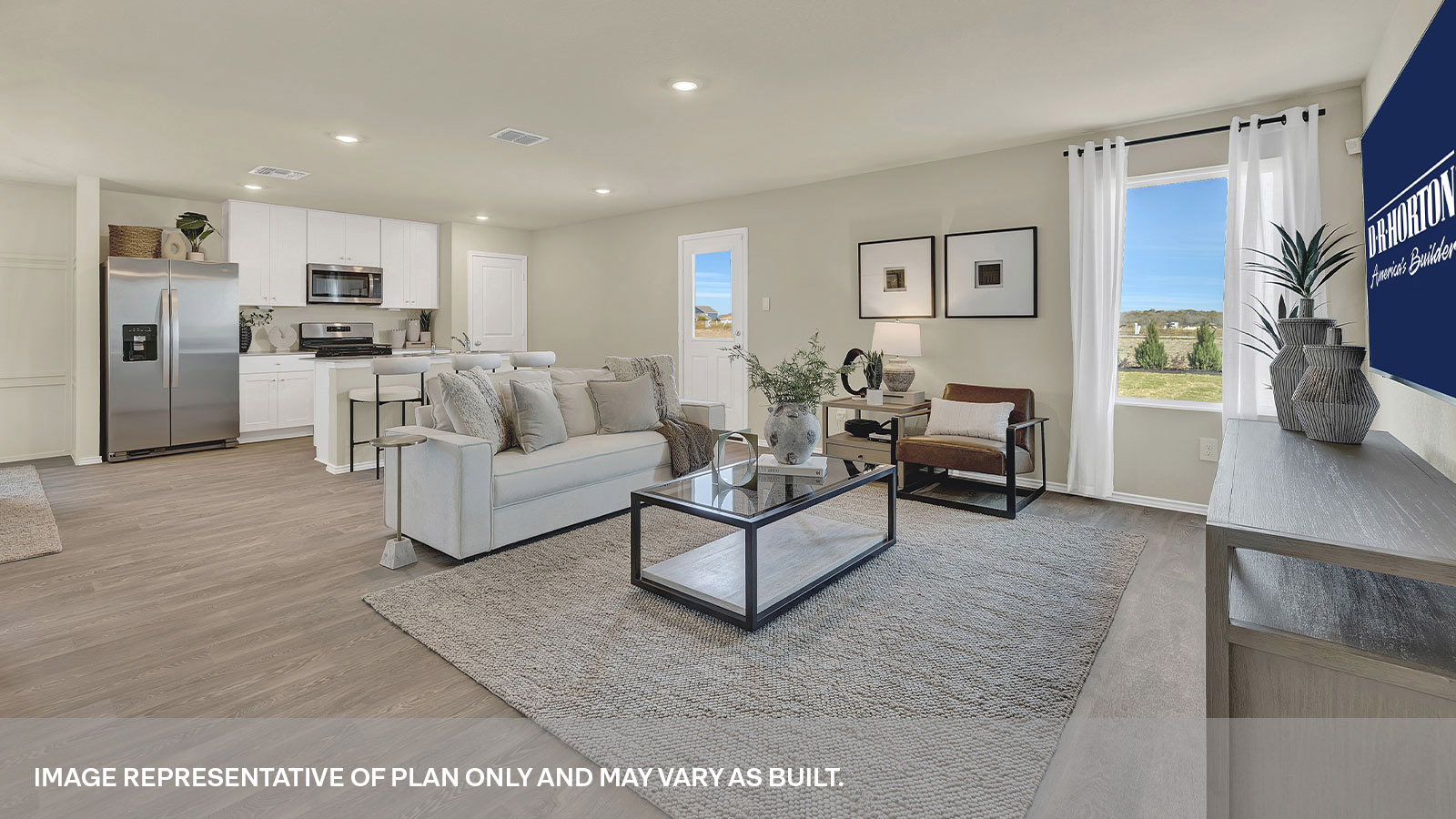 Living room with vinyl flooring, one window, and a half lite exterior door.