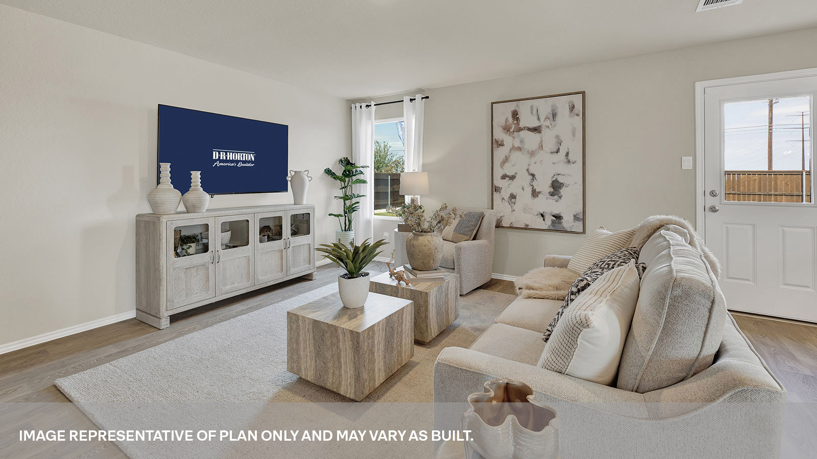 Living room with vinyl flooring with one window and a half lite exterior door.