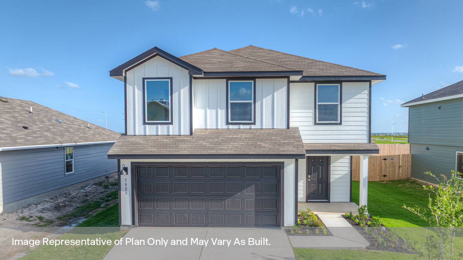 Franklin floorplan with farmhouse exteriors and a 2 car garage.