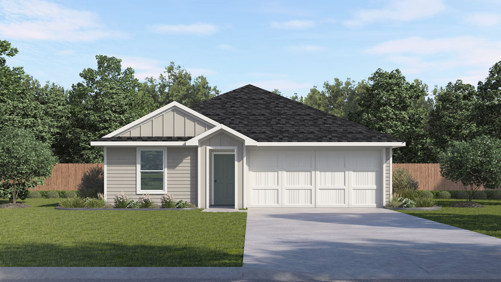 Single-story farmhouse exteriors with one window and a 2 car garage.