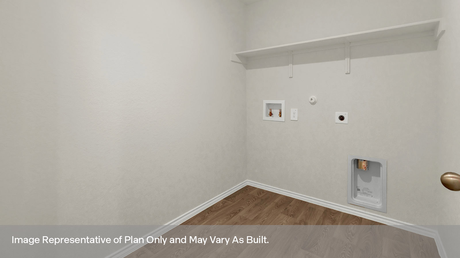 Laundry room with washer/dryer connections and wooden shelving.