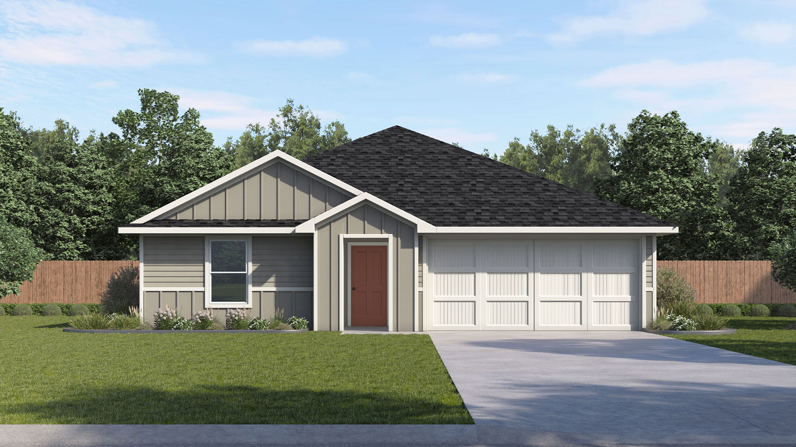 Single-story farmhouse exteriors with one window and a 2 car garage.