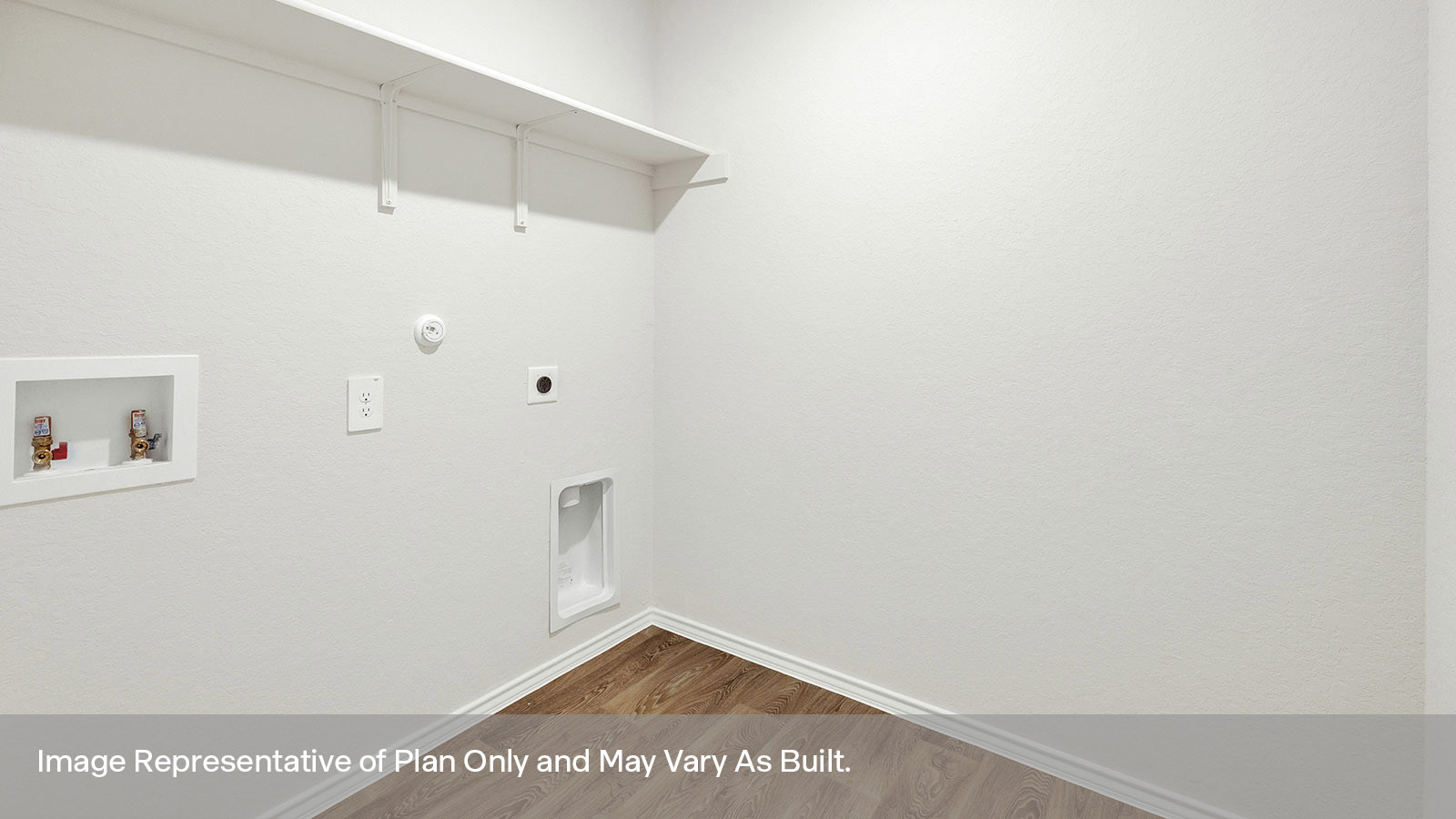 Laundry room with washer/dryer connections and wooden shelving.