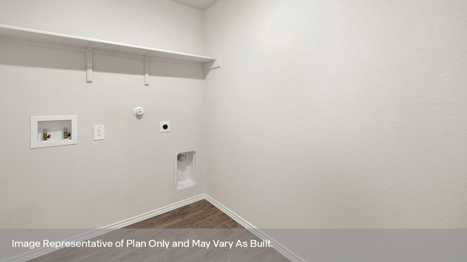 Laundry room with washer/dryer connections and wooden shelving.