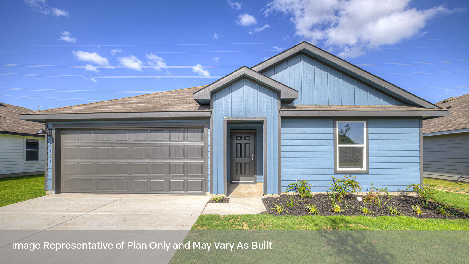 Single-story farmhouse exteriors with one window and a 2 car garage.