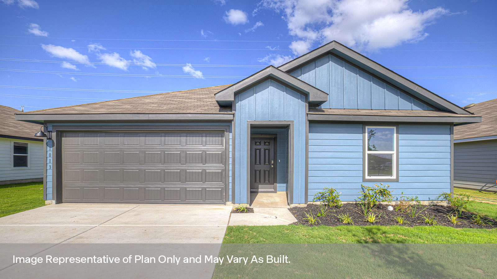 Single-story farmhouse exteriors with one window and a 2 car garage.
