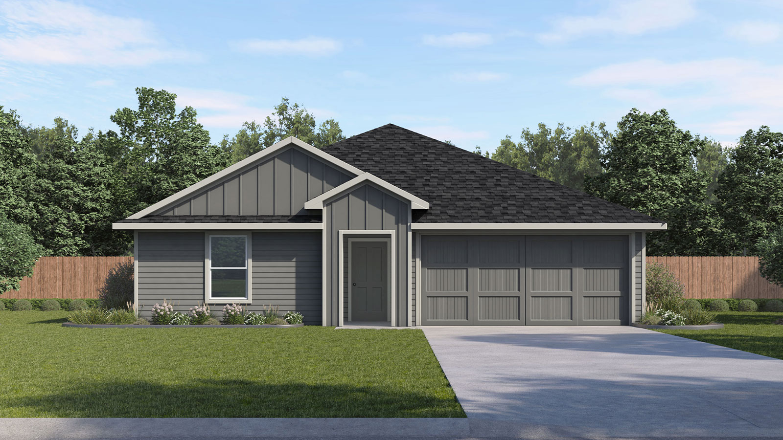Single-story farmhouse exteriors with one window and a 2 car garage.