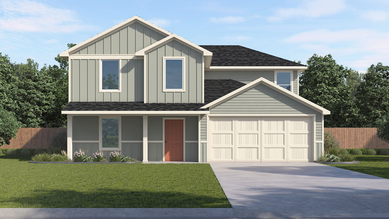 Two-story farmhouse exteriors with three windows and a 2 car garage.