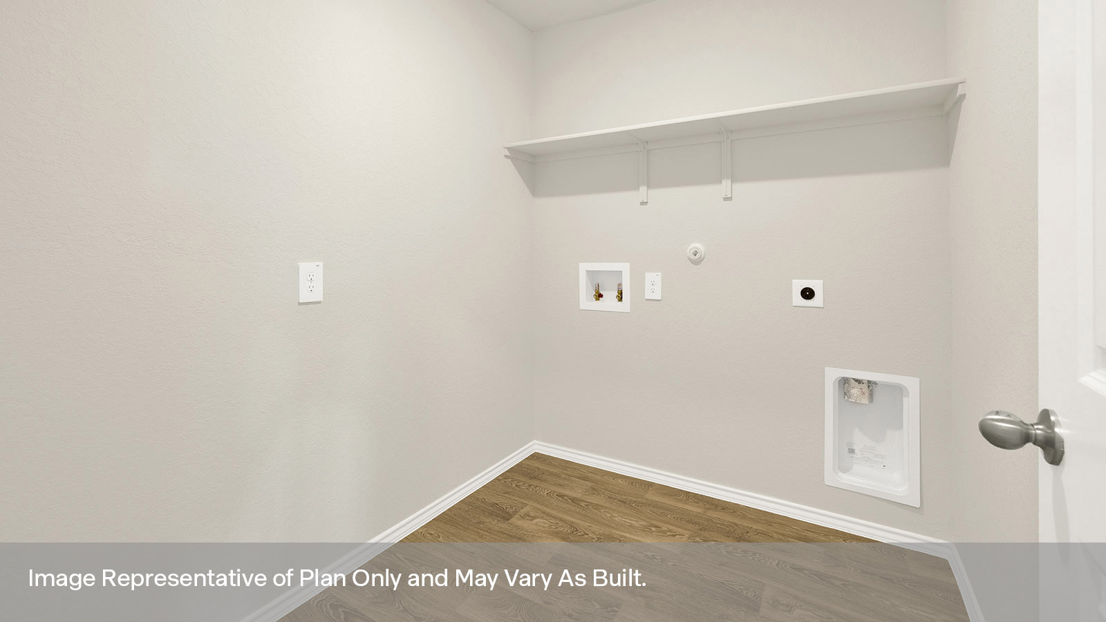 Utility room with washer/dryer hookups, wood shelving and vinyl flooring.