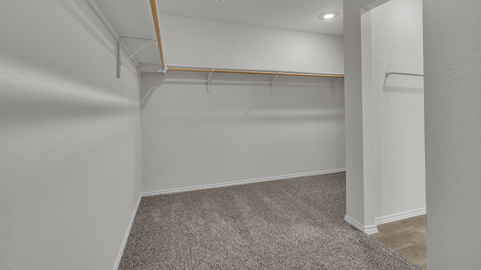 Main bedroom closet with carpeting and wooden shelving.