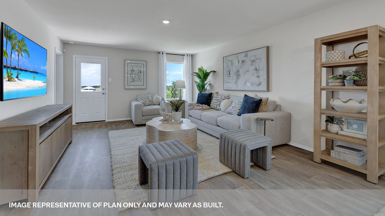 Living room with vinyl flooring, one window, and a half lite exterior door.