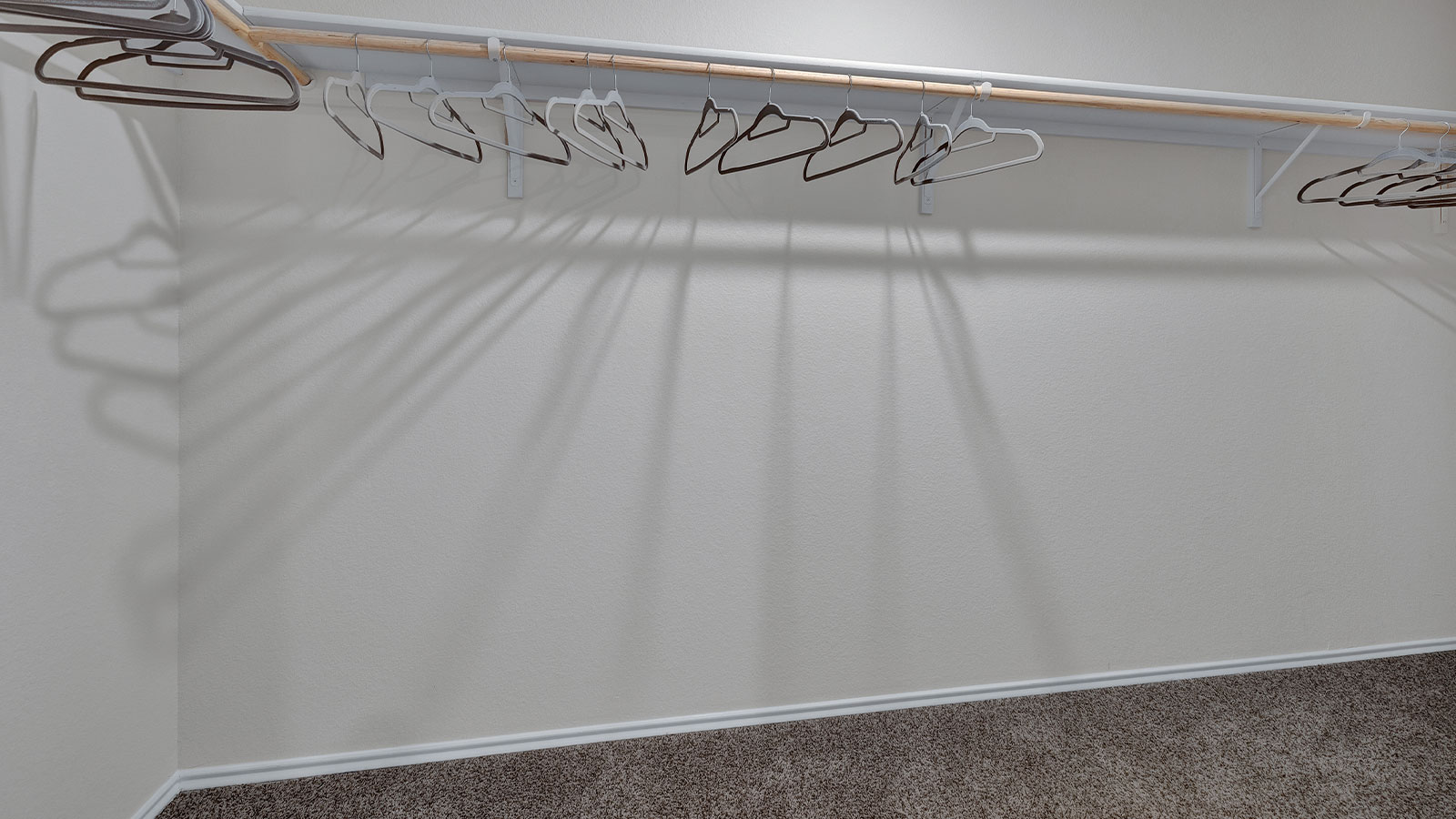Main bedroom closet with carpeting and wooden shelving.