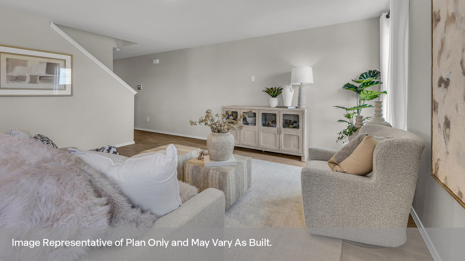 Living room with vinyl flooring, one window, and a half lite exterior door.