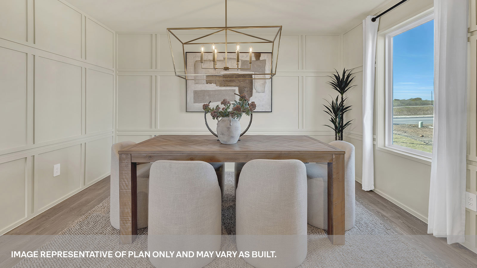 Dining room with vinyl flooring and one window.