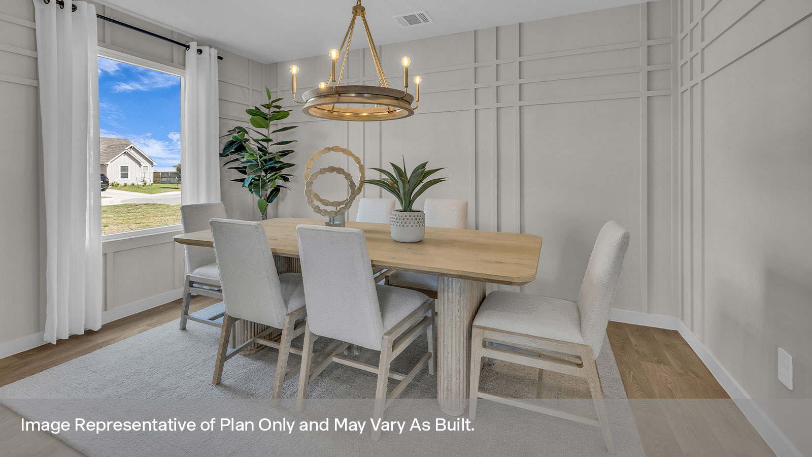 Dining room with vinyl flooring and one window.