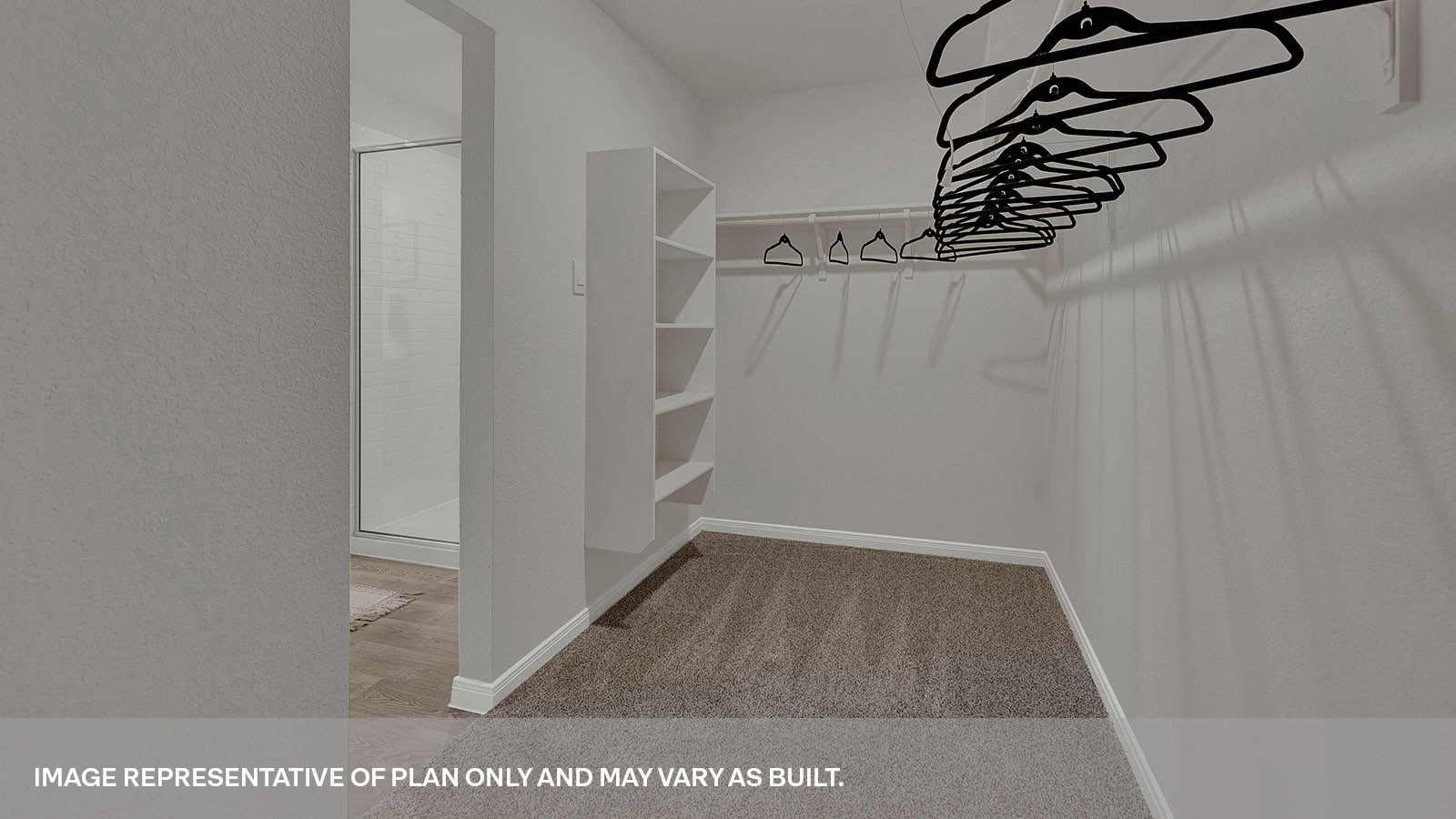 Main bedroom closet with carpeting and wooden shelving.