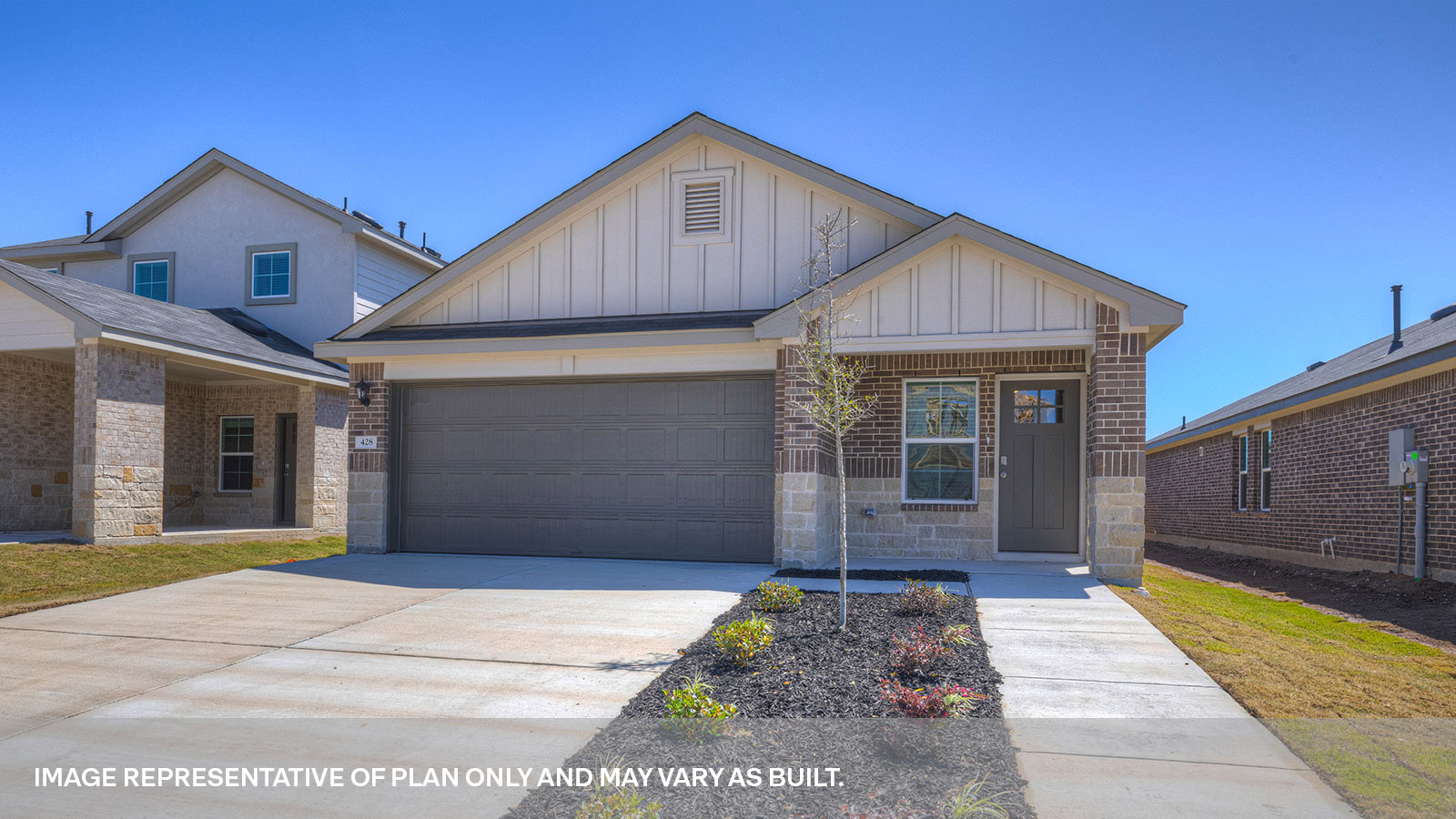 Single-story floorplan with masonry exteriors and a 2 car garage.