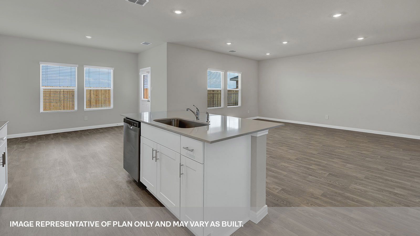 Kitchen island overlooking the living room and dining room.