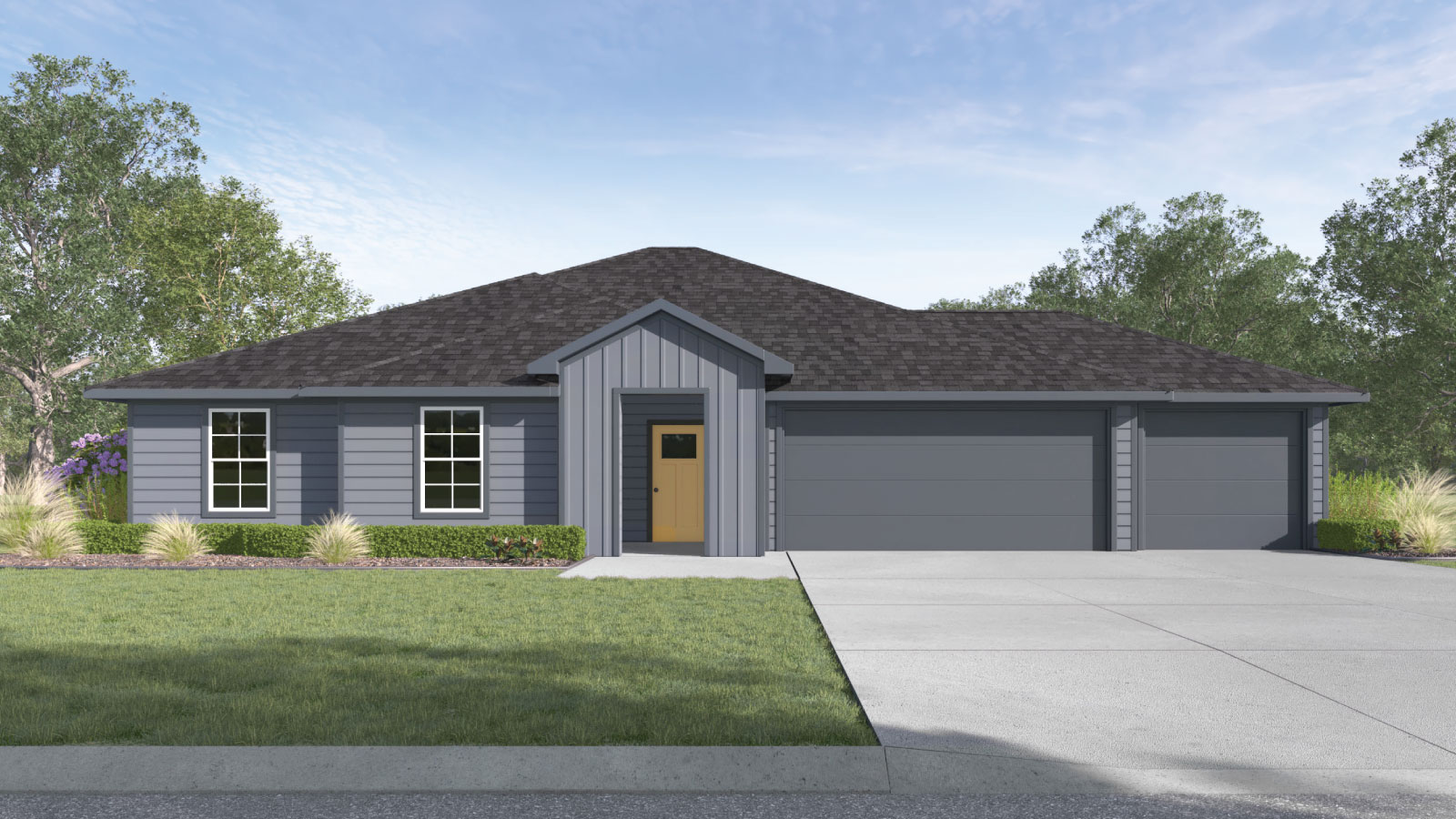 Hartland Ranch J Elevation farmhouse exterior rendering with 3 car garage