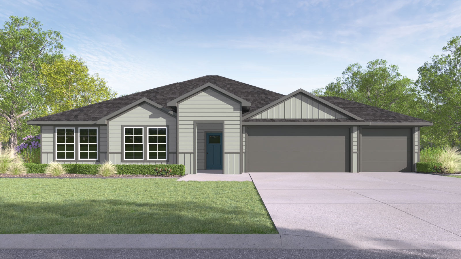 Hartland Ranch K Elevation farmhouse exterior rendering with 3 car garage