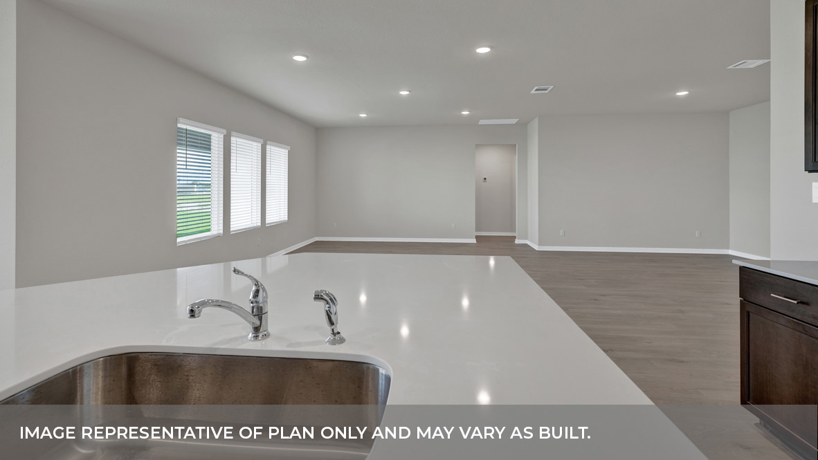 Frisco Floorplan Kitchen Island Countertops and Living Room