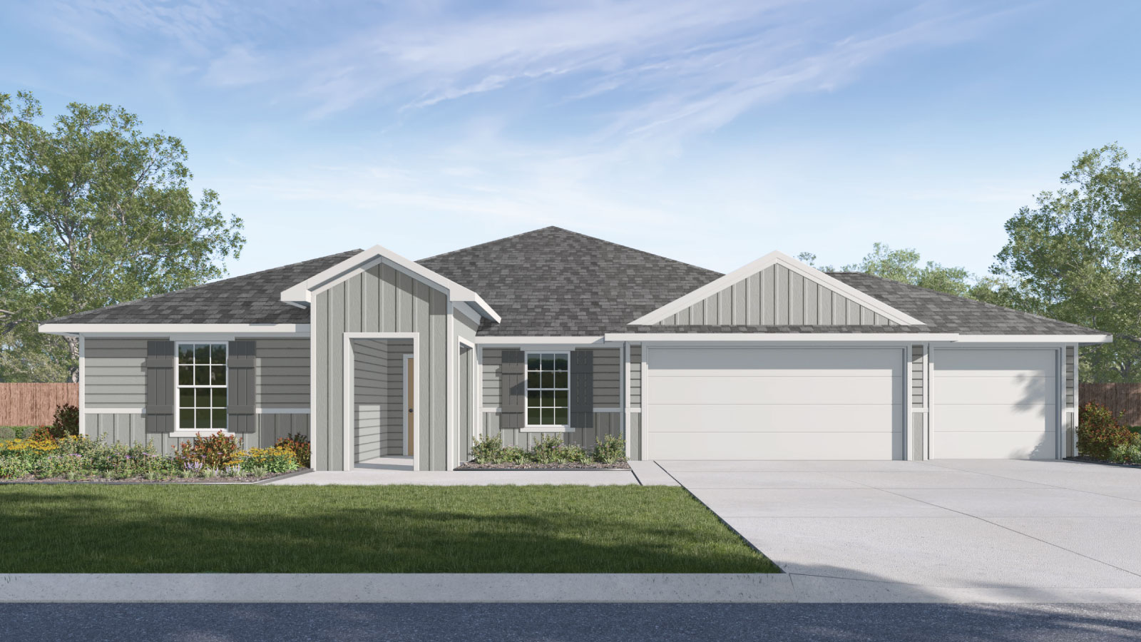 Hartland Ranch J Elevation 3 car garage rendering