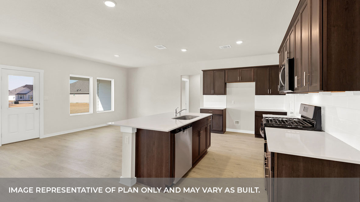 Frisco Floorplan Kitchen Island Countertops and Living Room