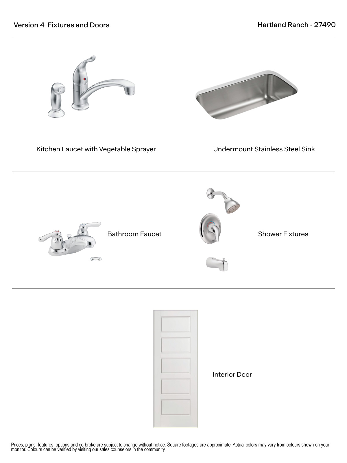 Version 4 Fixtures and Doors - Kitchen faucet with vegetable sprayer, undermount sink and bathroom faucets, and a 5 panel smooth door.