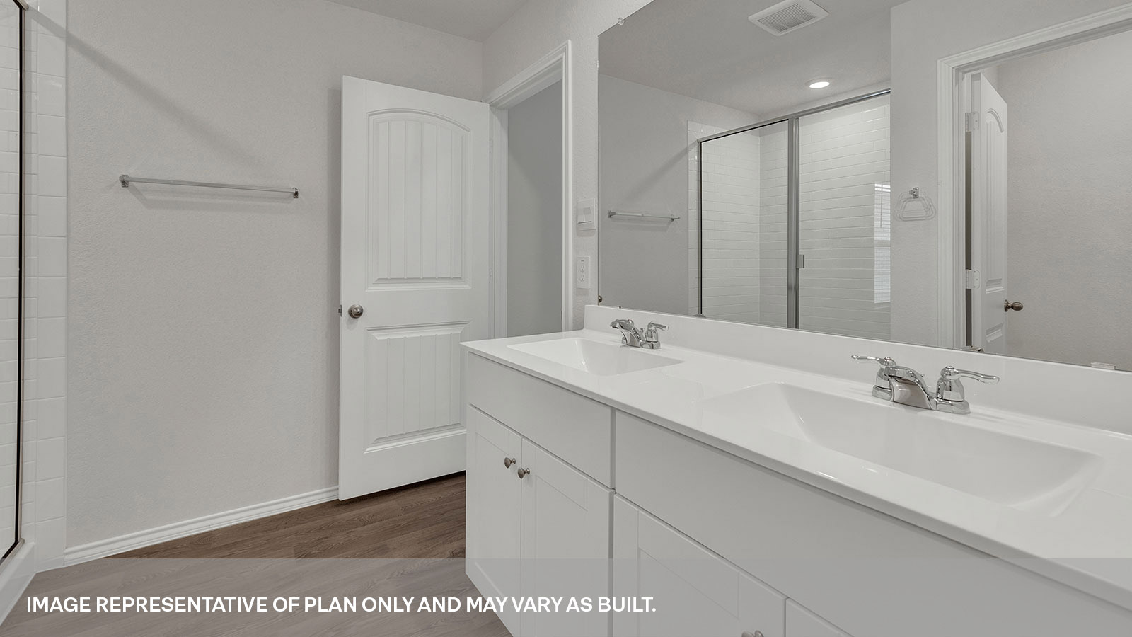 Main bathroom with a large walk-in shower and a single sink in a large vanity.