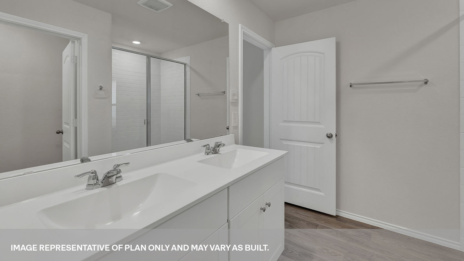 Main bathroom with a large walk-in shower and a single sink in a large vanity.