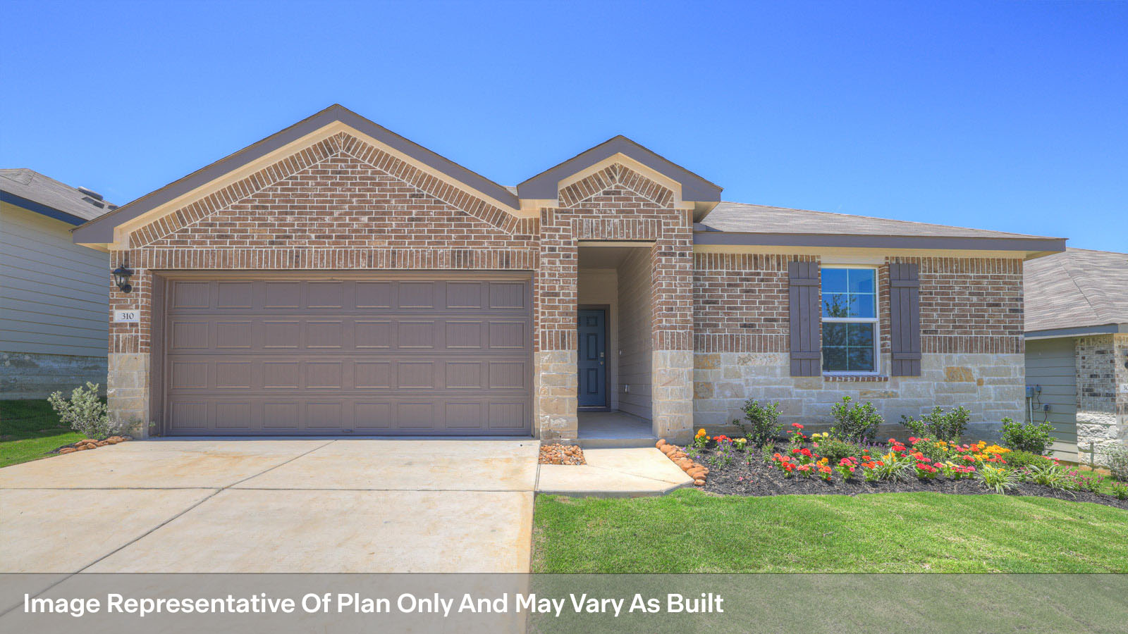 Single story home with stone and brick combo, one window in the front, and a 2 car garage.