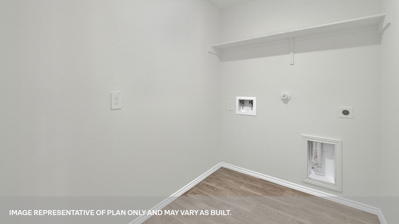 Laundry room with washer/dryer connections and wooden shelving.