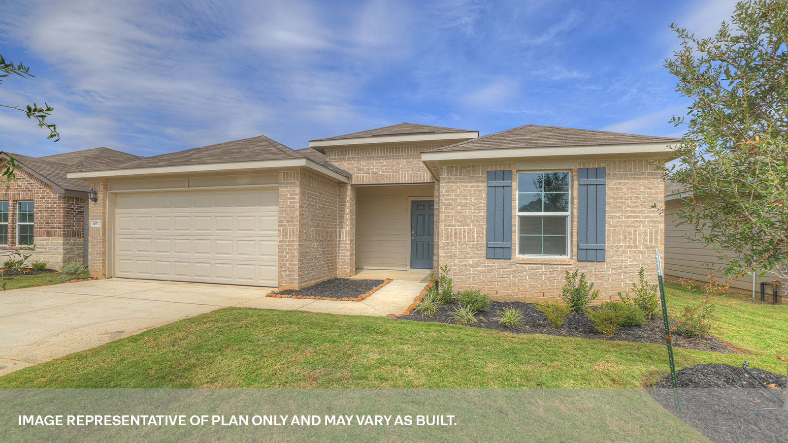 Single story home with brick, one window in the front, and a 2 car garage.