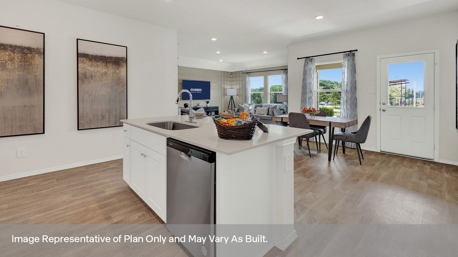 Kitchen island overlooking the dining room and living room.