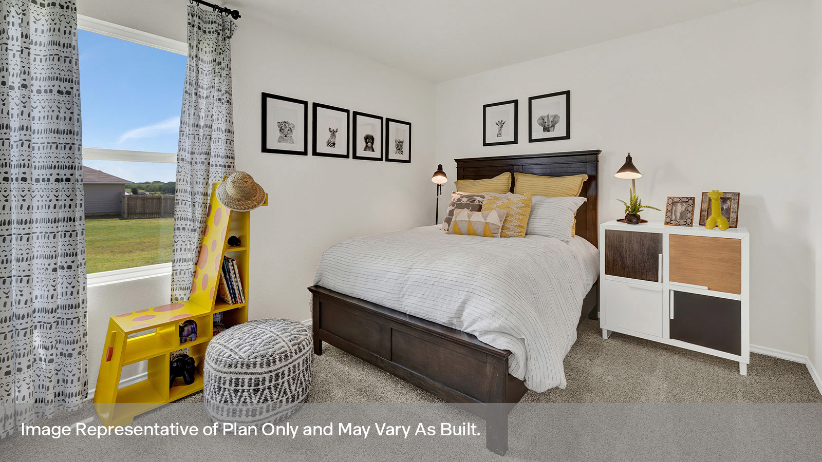 Bedroom with carpeting and one window.