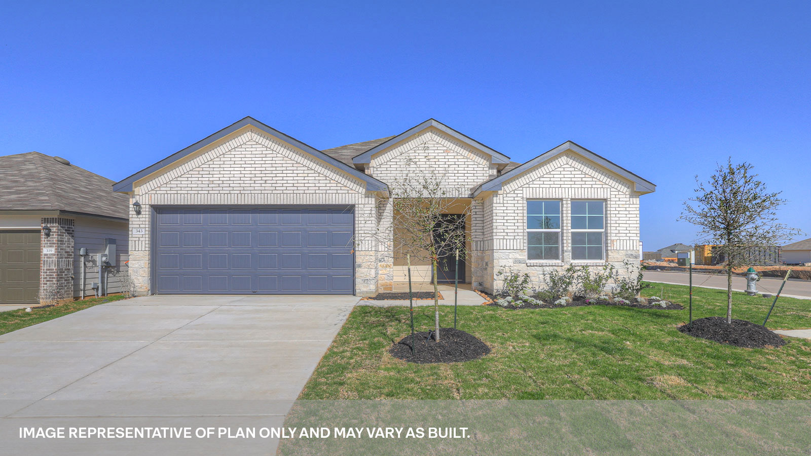 Single-story traditional brick exteriors Denton Floorplan B elevation.