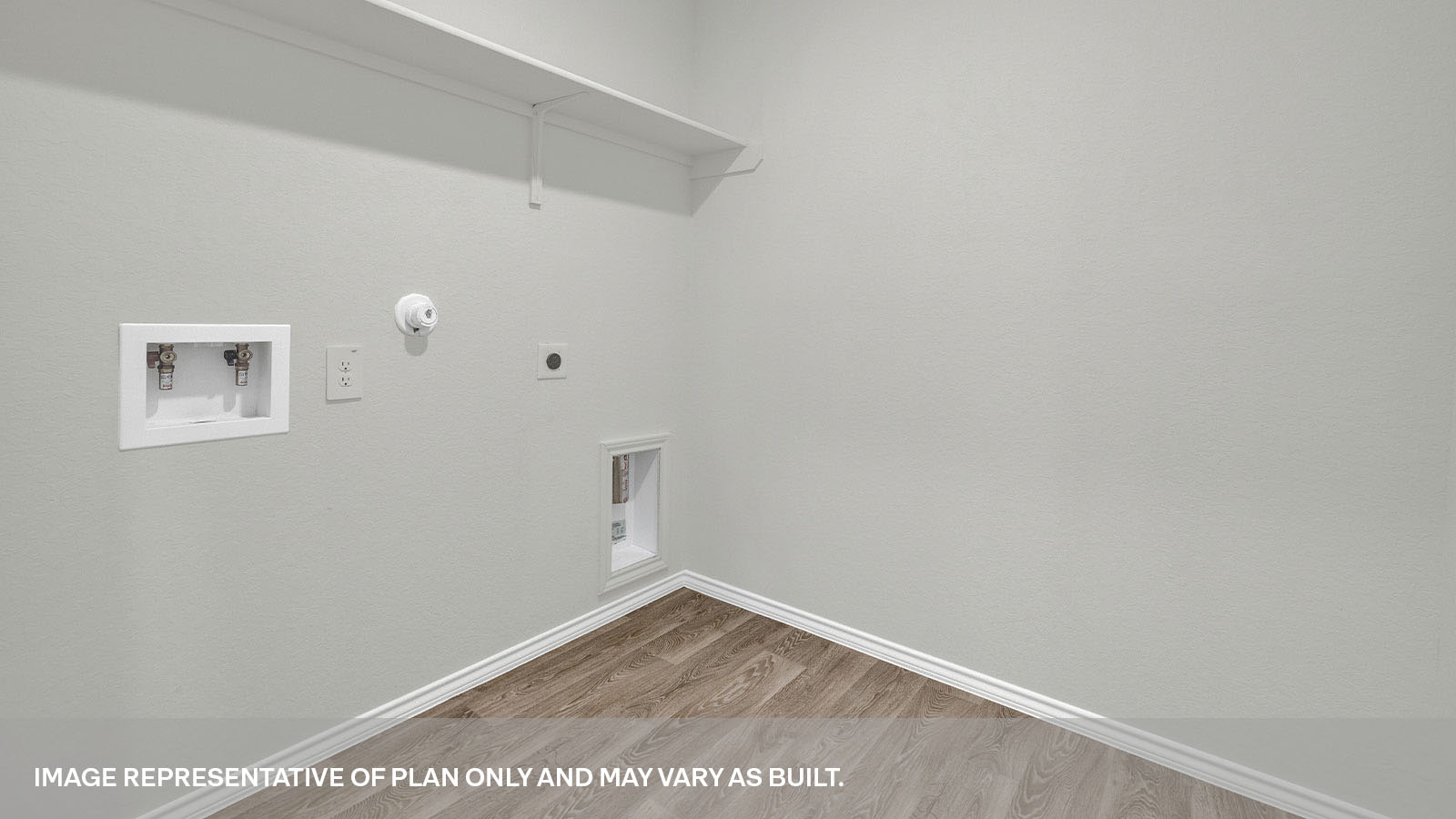 Laundry room with washer/dryer connections and wooden shelving.