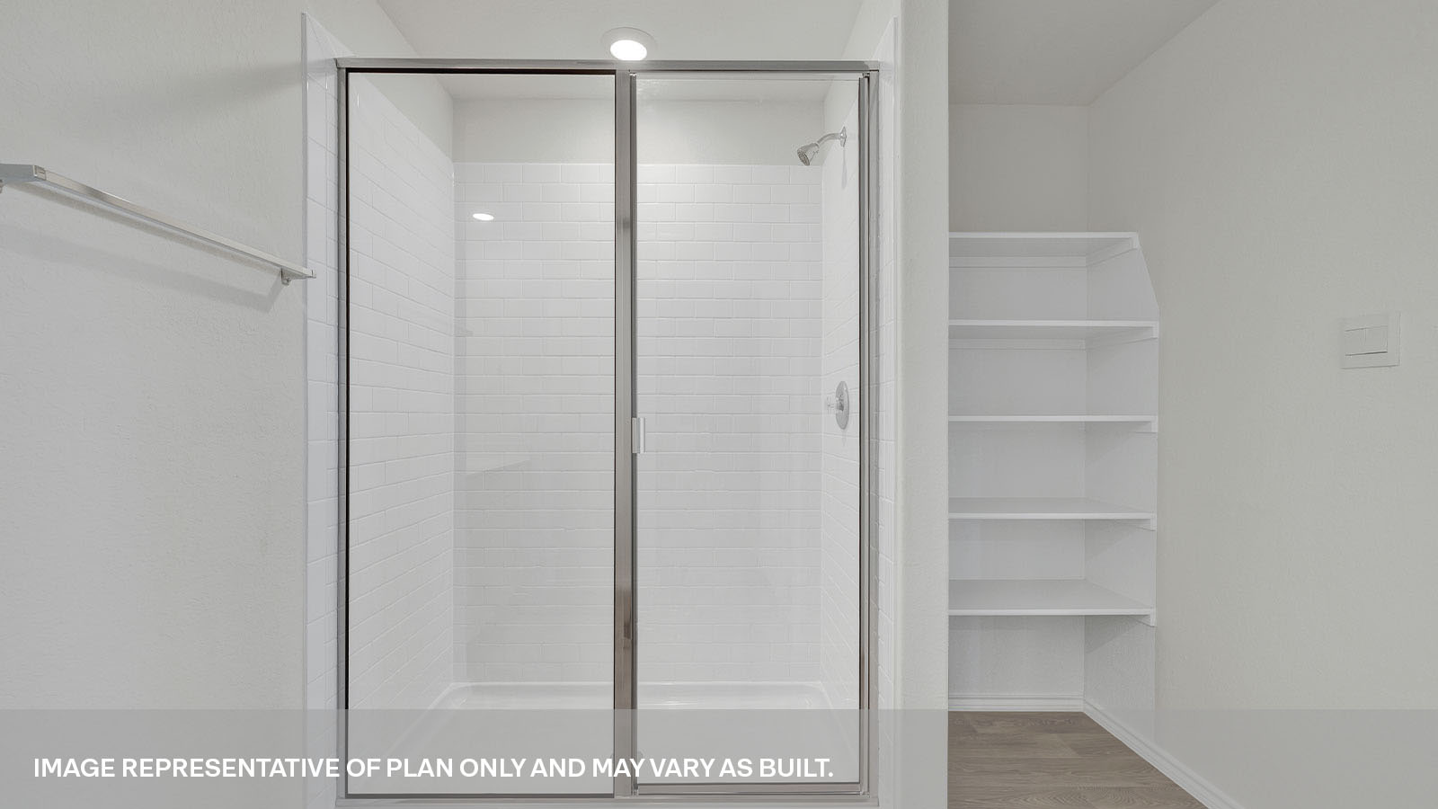 Main bathroom with a double sink and walk-in shower.