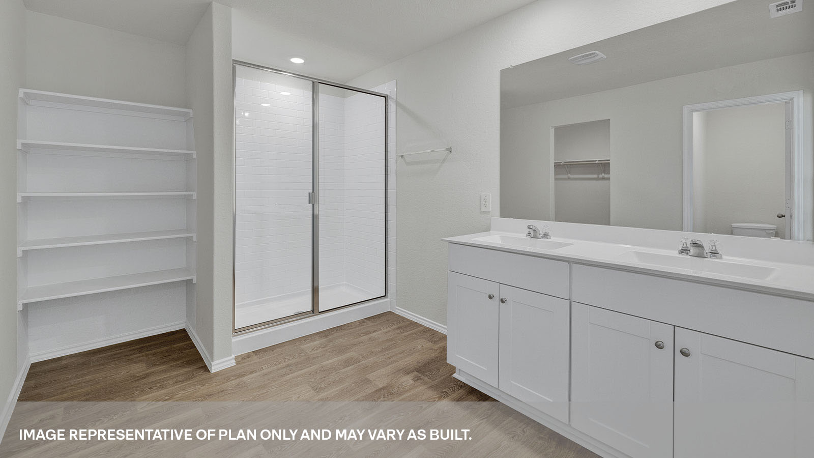 Main bathroom with shelves, walk-in shower and a double sink,