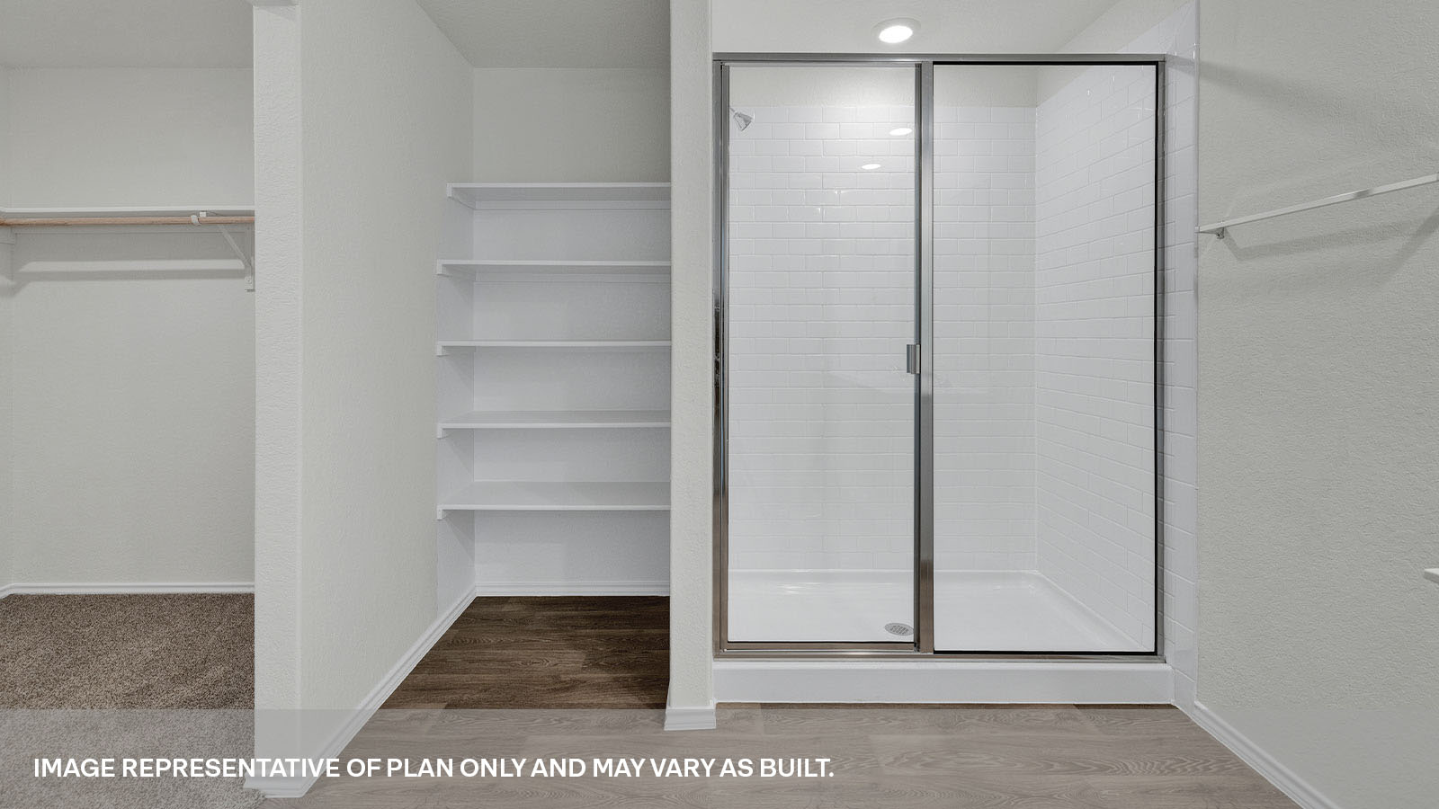 Main bathroom with a wooden shelves and a walk-in shower.