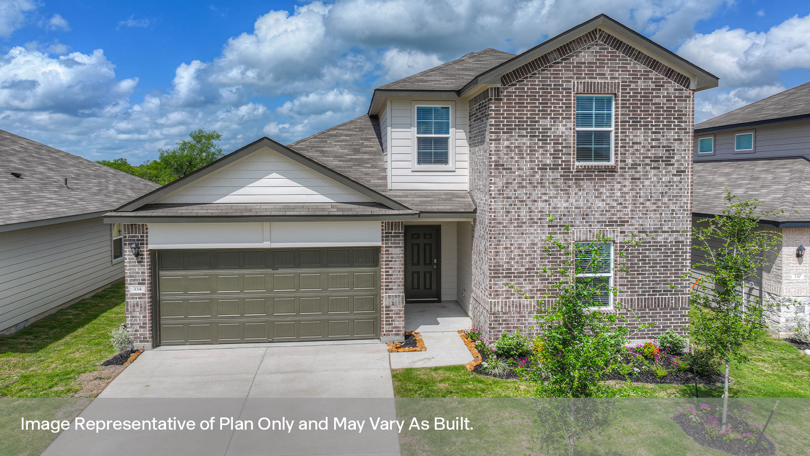 Midland Elevation A, two story with brick exterior, 3 front windows, and 2 car garage.